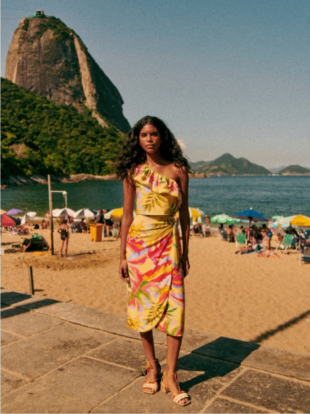 Sezane Bia Tropical Yellow Multicolor Print Midi Skirt Size 6 French Casual